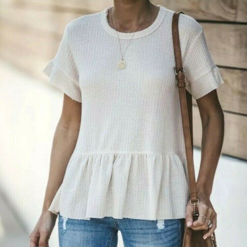 New Cream Thermal Peplum Sweater Knit Top Blouse - Picture 3 of 6